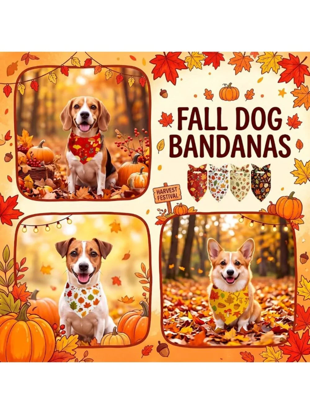 100 Pcs Fall Dog Bandanas for Thanksgiving & Autumn - Medium Size, Cute Designs